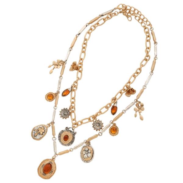 TWO TONE STONE MULTI CHARM LAYERED NECKLACE