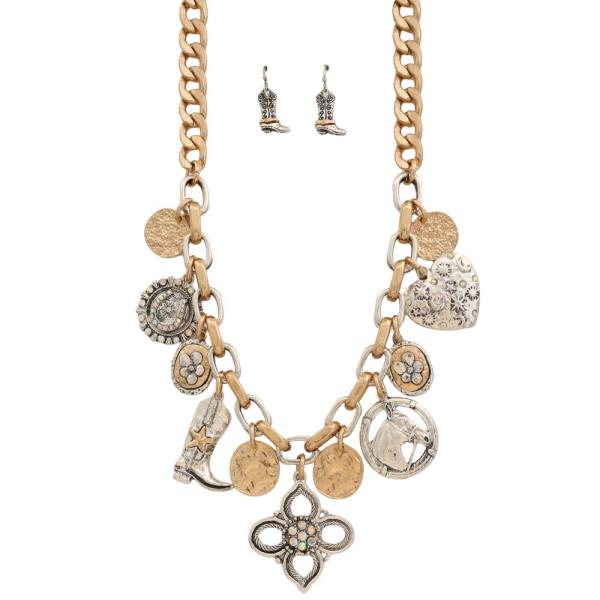 TWO TONE MULTI CHARM METAL NECKLACE