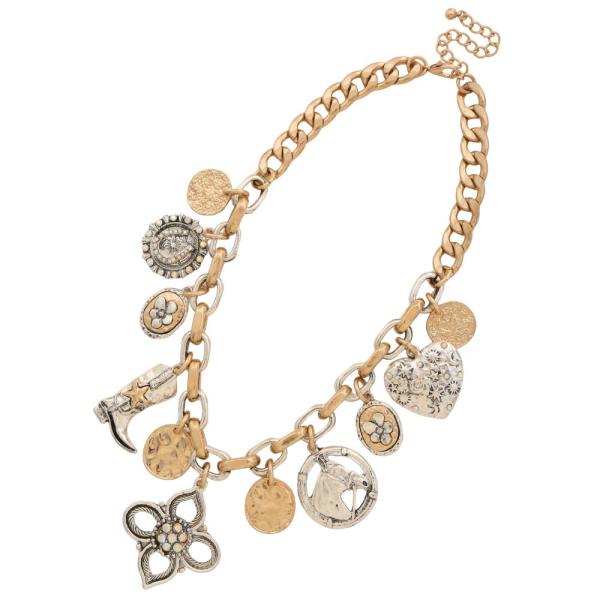 TWO TONE MULTI CHARM METAL NECKLACE