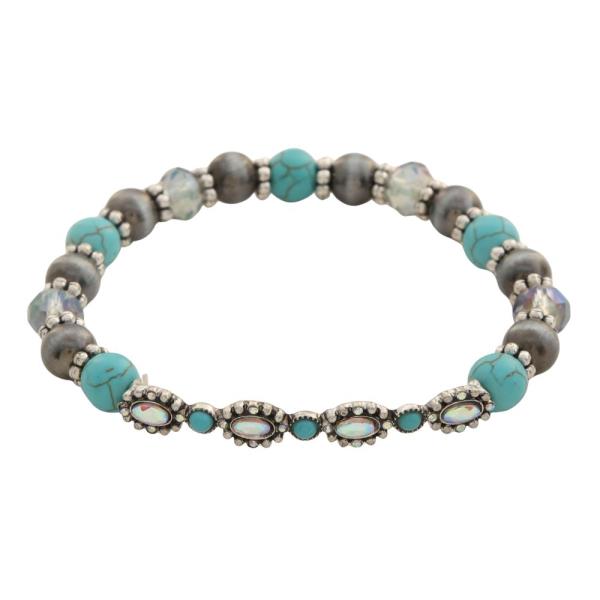 TURQUOISE BEAD RHINESTONE STRETCH BRACELET