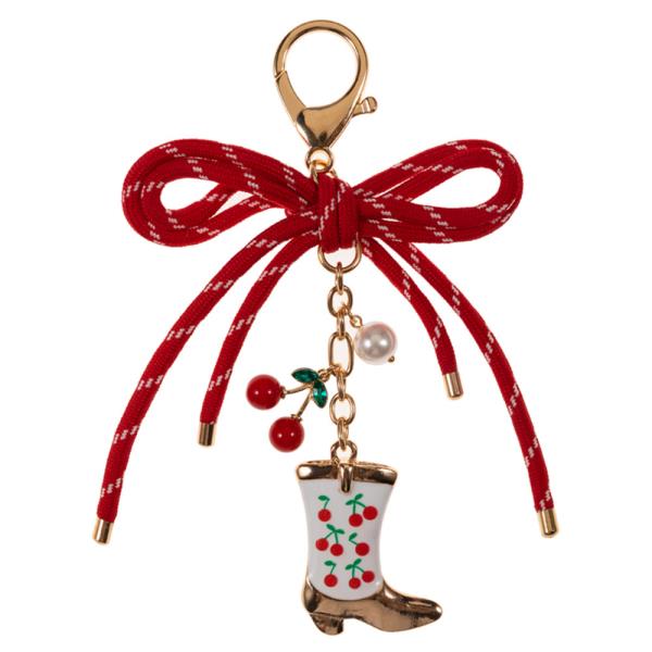 BOOTS SHAPED ENAMEL CHERRY PATTERN & METAL BAG CHARM KEYCHAIN