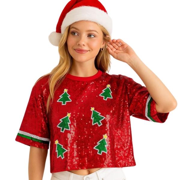 SEQUIN CHRISTMAS TREE EMBELLISHED CROP TOP