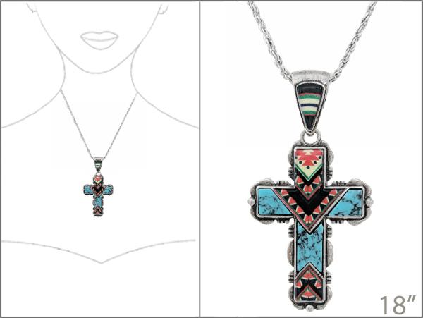 WESTERN SEMI STONE CROSS PENDANT NECKLACE