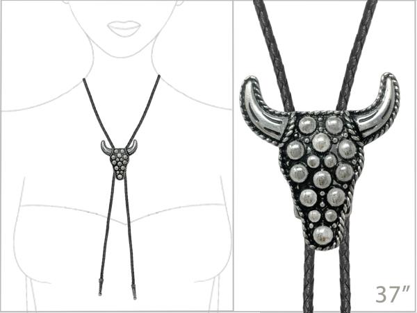 WESTERN BALL TEXTURE BOLO TIE STEER HEAD NECKLACE
