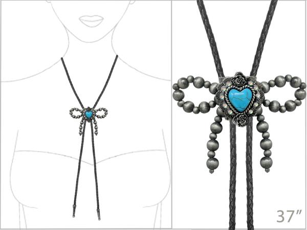 WESTERN BOLO TIE SEMI STONE HEART BOW NAVAJO NECKLACE