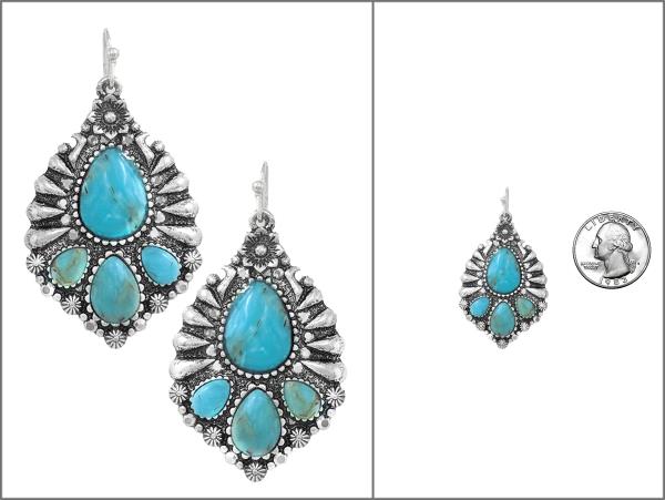 WESTERN TURQUOISE STONE TEARDROP CONCHO DANGLE EARRING