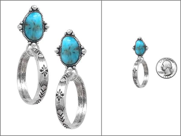 WESTERN AZTEC PATTERN HOOP STONE DANGLE EARRING