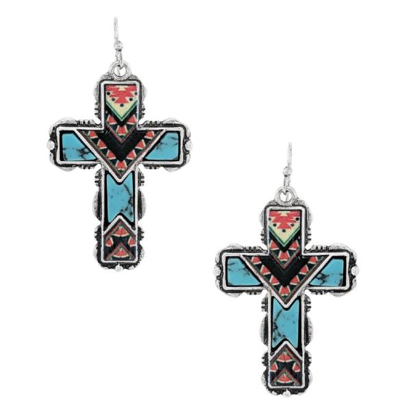 WESTERN AZTEC PRINT STONE CROSS DANGLE EARRING