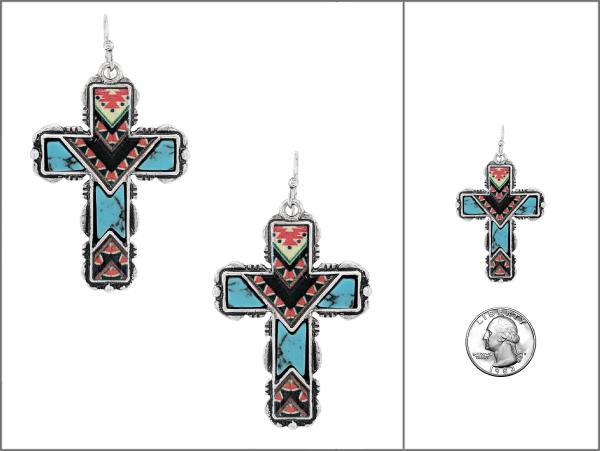 WESTERN AZTEC PRINT STONE CROSS DANGLE EARRING