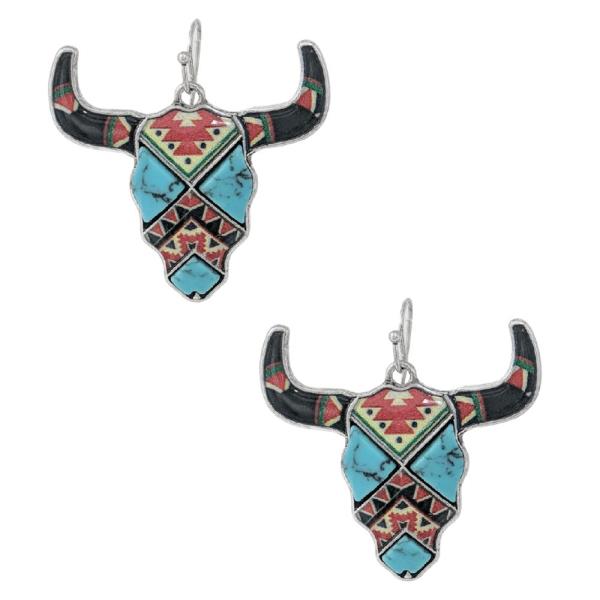 WESTERN AZTEC PRINT STEER HEAD STONE DANGLE EARRING