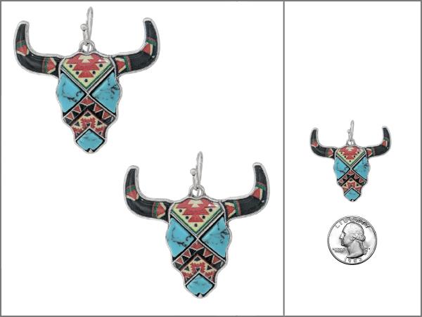 WESTERN AZTEC PRINT STEER HEAD STONE DANGLE EARRING