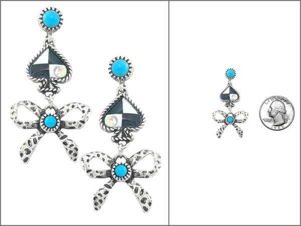 WESTERN SEMI STONE ACE RIBBON BOW DANGLE EARRING