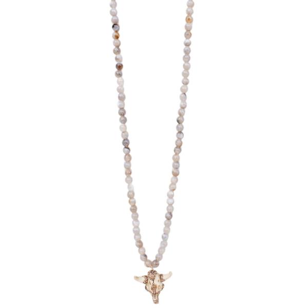 RHINESTONE CATTLE SKULL PENDANT BEADED NECKLACE