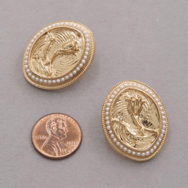 ROSE PATTERN PEARL EDGE OVAL METAL EARRING