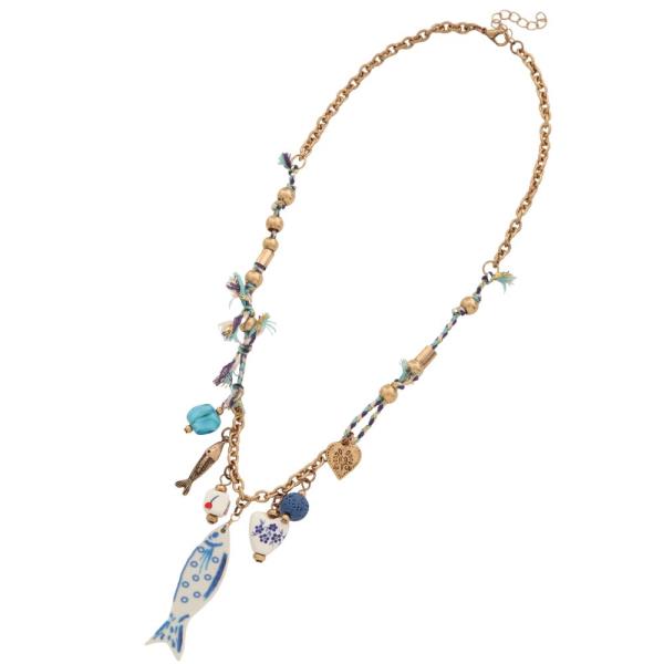 FISH HEART CHARM METAL BEAD NECKLACE