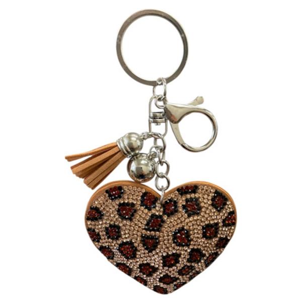 RHINESTONE LEOPARD HEART KEYCHAIN WITH TASSEL