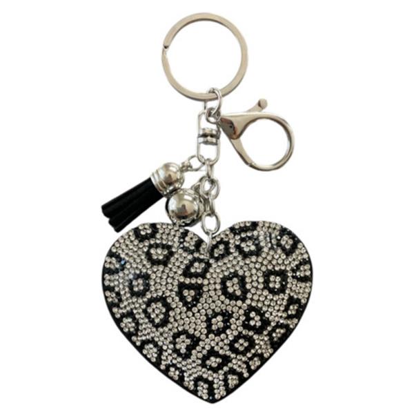 RHINESTONE LEOPARD HEART KEYCHAIN WITH TASSEL