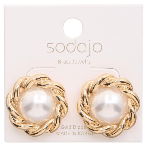 SODAJO ROUND PEARL BEAD TWISTED EDGE GOLD DIPPED EARRING