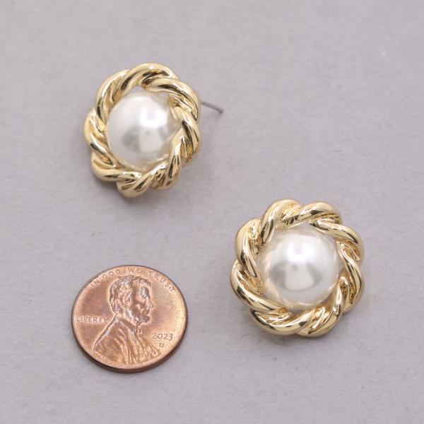 SODAJO ROUND PEARL BEAD TWISTED EDGE GOLD DIPPED EARRING