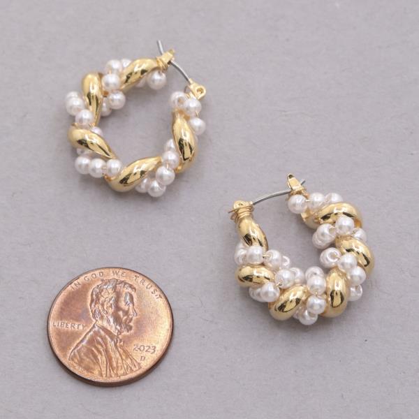 SODAJO PEARL BEAD METAL TWISTED HOOP GOLD DIPPED EARRING