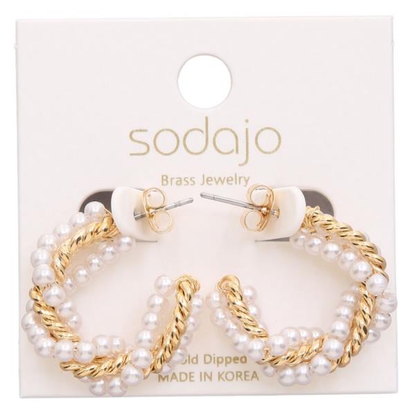 SODAJO PEARL BEAD TWISTED LINK OPEN HOOP GOLD DIPPED EARRING