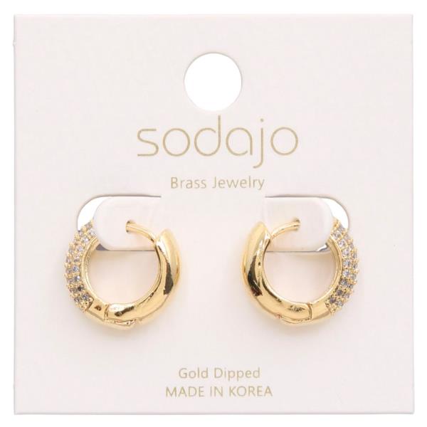 SODAJO RHINESTONE METAL HUGGIE HOOP GOLD DIPPED EARRING