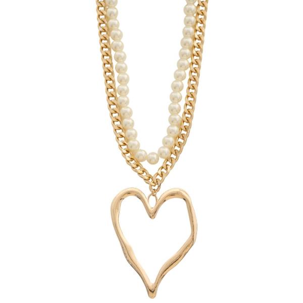 SDJ HEART PENDANT PEARL BEAD CHAIN LAYERED NECKLACE