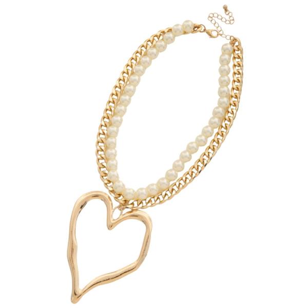 SDJ HEART PENDANT PEARL BEAD CHAIN LAYERED NECKLACE