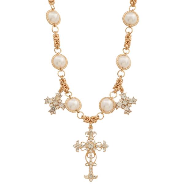SDJ CROSS PEARL BEAD CRYSTAL LINK NECKLACE