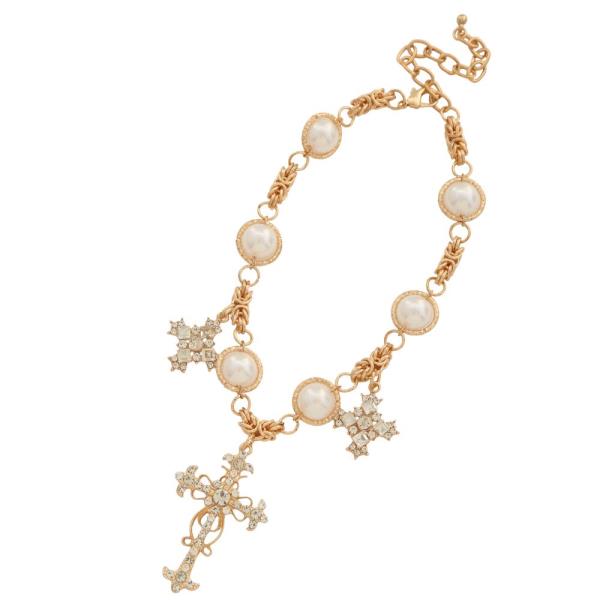 SDJ CROSS PEARL BEAD CRYSTAL LINK NECKLACE