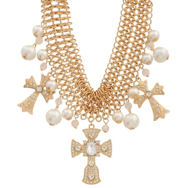 SDJ CHUNKY METAL CROSS PENDANT PEARL BEAD NECKLACE