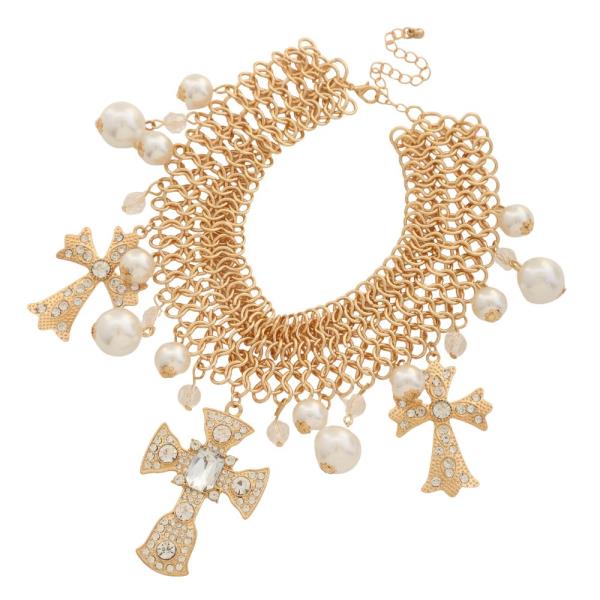 SDJ CHUNKY METAL CROSS PENDANT PEARL BEAD NECKLACE