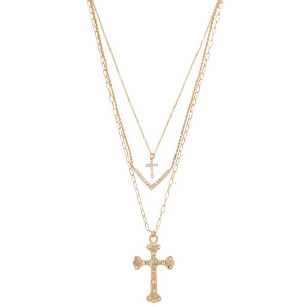 SDJ RHINESTONE METAL CROSS PENDANT LAYERED METAL NECKLACE