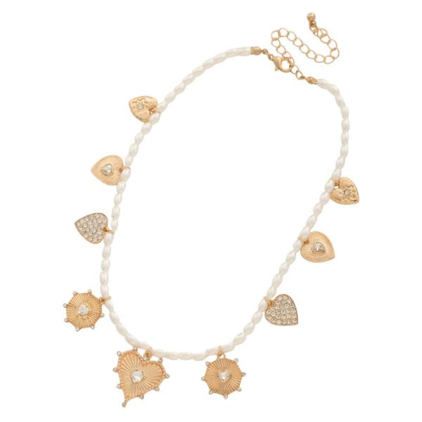 SDJ HEART CHARM PEARL BEAD NECKLACE