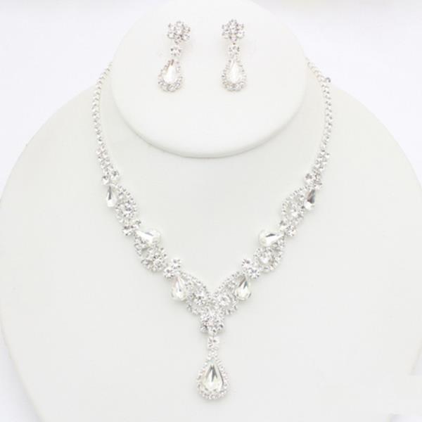 RHINESTONE LEAF TEARDROP NECKLACE EARRING SET