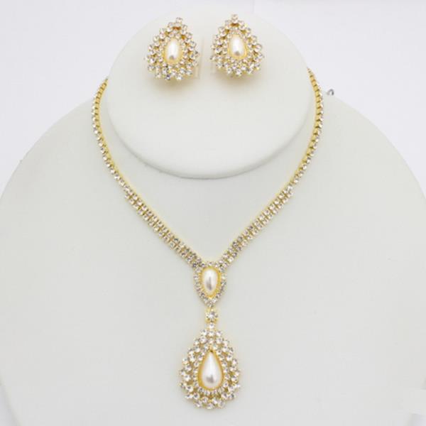 CUBIC ZIRCONIA PEARL TEARDROP PENDANT NECKLACE EARRING SET