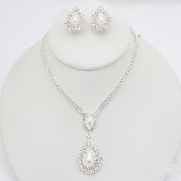 CUBIC ZIRCONIA PEARL TEARDROP PENDANT NECKLACE EARRING SET