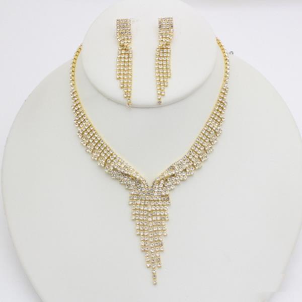 RHINESTONE LAYERED TASSEL NECKLACE EARRING SET