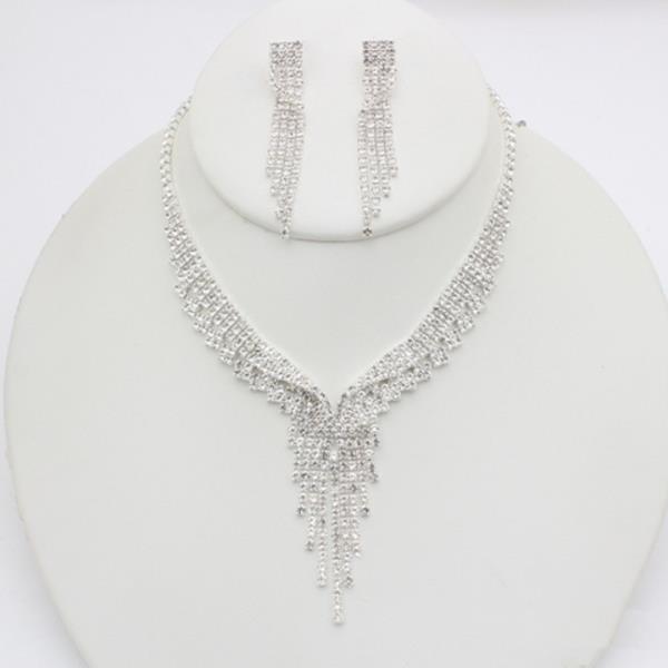 RHINESTONE LAYERED TASSEL NECKLACE EARRING SET