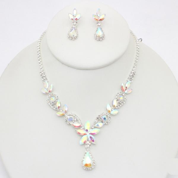 RHINESTONE LEAF TEARDROP NECKLACE EARRING SET