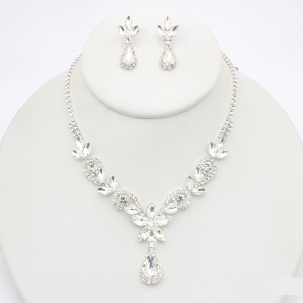 RHINESTONE LEAF TEARDROP NECKLACE EARRING SET