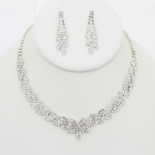 RHINESTONE LEAF CLUSTER NECKLACE EARRING SET