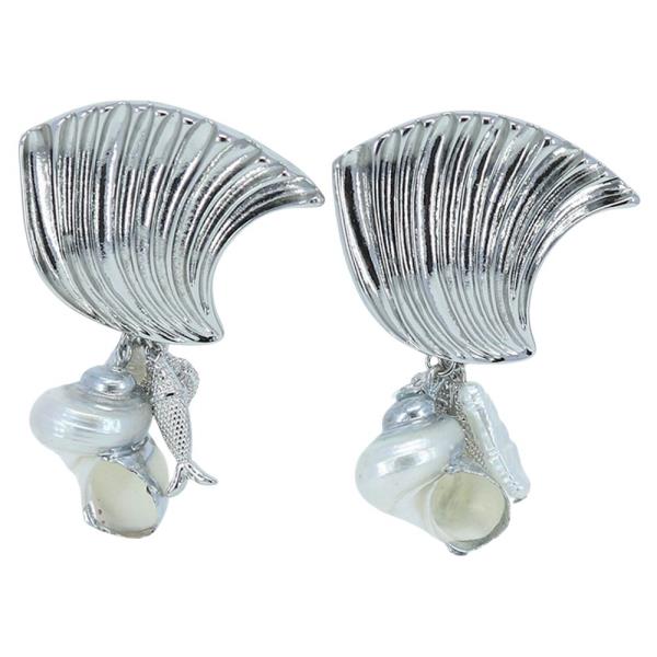 METAL MERMAID SHELL PEARL DANGLE EARRING 