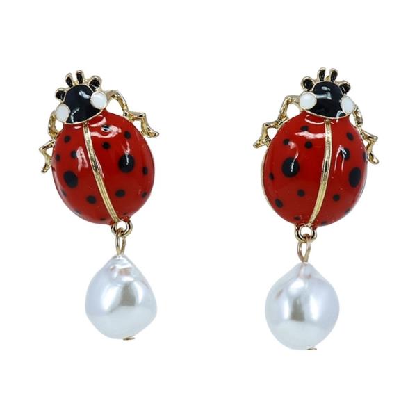 METAL ENAMEL LADYBUG PEARL DANGLE EARRING 