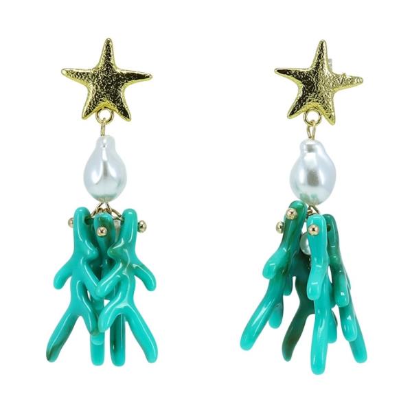 METAL ENAMEL STARFISH CORAL PEARL DANGLE EARRING 