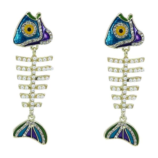 METAL ENAMEL FISH SKELETON DANGLE EARRING 