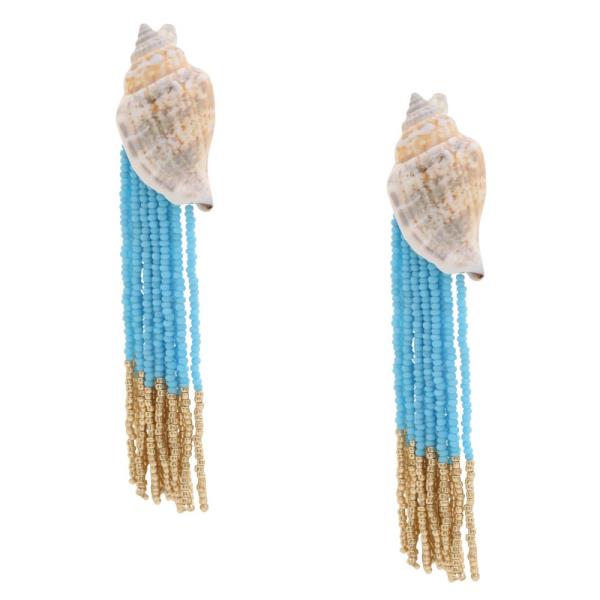 SEASHELL SEED BEAD TASSEL DANGLE EARRING