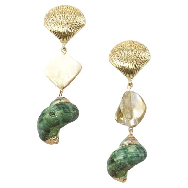 METAL SHELL STONE DROP EARRING 