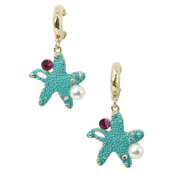 METAL BEADED STARFISH PEARL HOOP DANGLE EARRING 