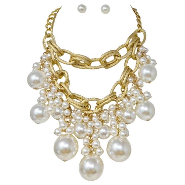 LAYERED METAL CHAINS WITH DRAPED PEARL CLUSTERS FOR MAXIMUM VOLUME CHUNKY STATEMENT NECKLACE EARRING SET